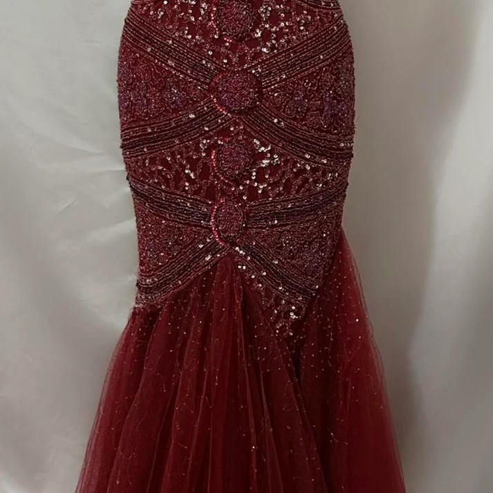 Gorgeous Red V NecK Tulle Sequin Beaded Mermaid Long Evening Dress Formal Birthday Party Dress