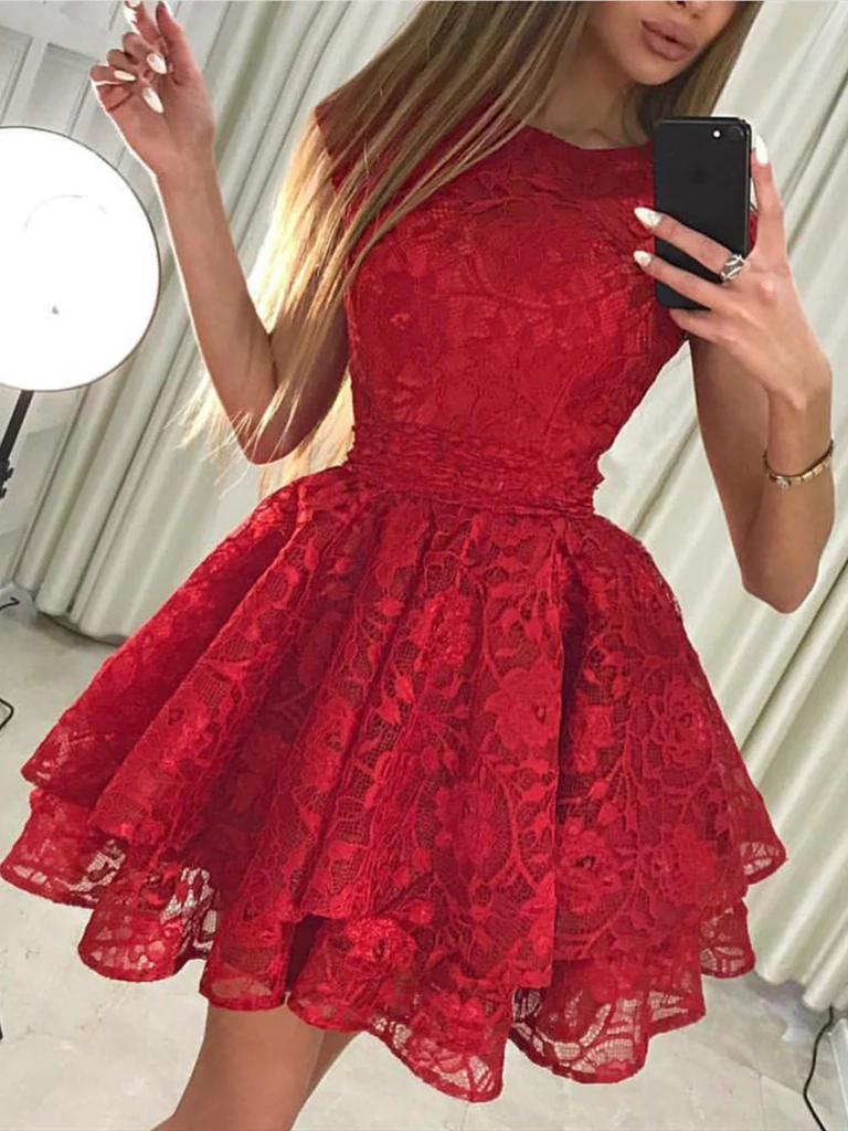 Round Neck Cap Sleeves Short Lace Prom Dresses, Round Neck Short Cap Sleeves Lace Formal Homecoming Graduation Dresses - View 5 | FashionDia
