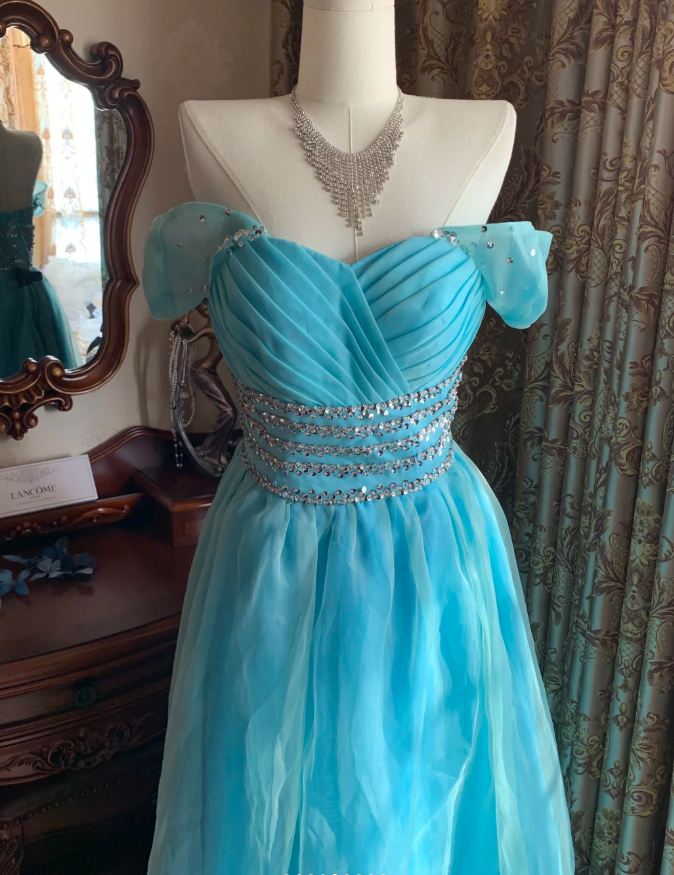 Cute Off The Shoulder Blue Tulle Beaded A Line Princess Party Dress Long Evening Gown