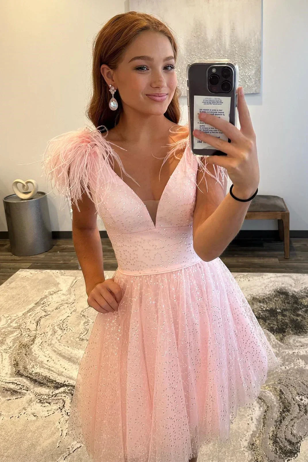 Pink A-line Tulle Deep V Neck Homecoming Dress with Feathers Y2427 by simplepromdress