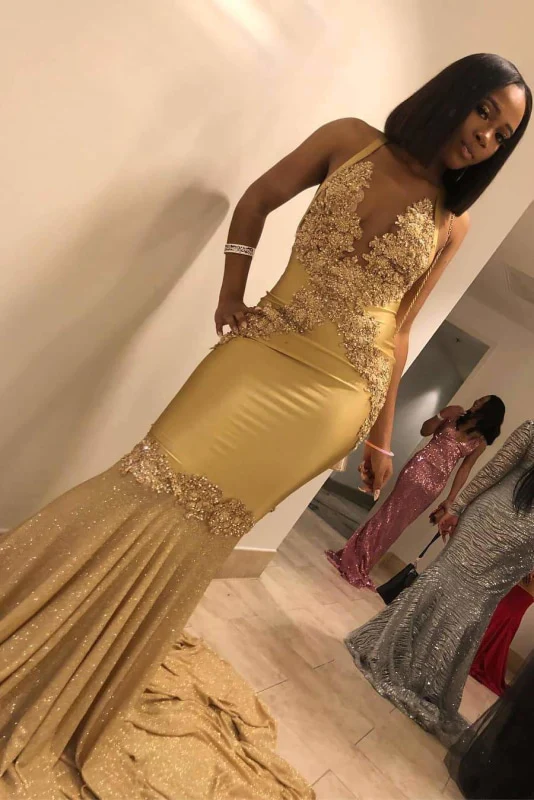 Super Shiny Halter Sleeveless Mermaid Long Evening Dress with Sweep Train Y472 - VelvetHem