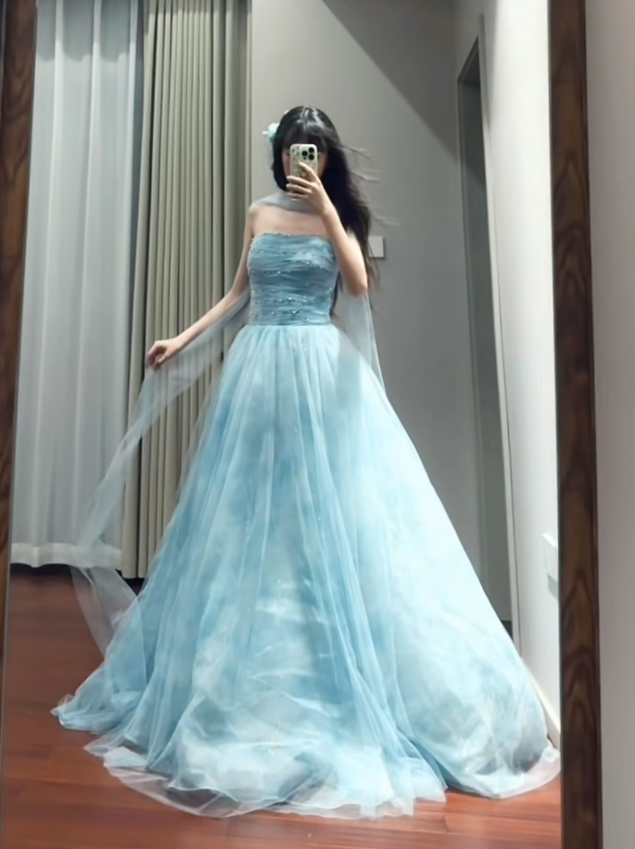Classy Blue Strapless Tulle Beaded Long Party Dress Birthday Prom Dresses - FashionDia