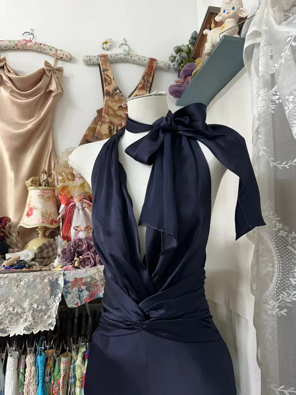 Retro Halter Satin Mermaid Navy Blue Backless Long Evening Dress Formal Birthday Party Dress - View 2 | FashionDia