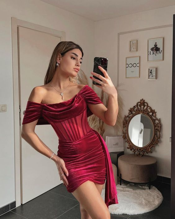 Burgundy Off Shoulder Pleated Short Prom Dress Homecoming Dress