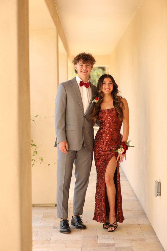 Dark Red Sheath Prom Dress With Split,Glam Dress