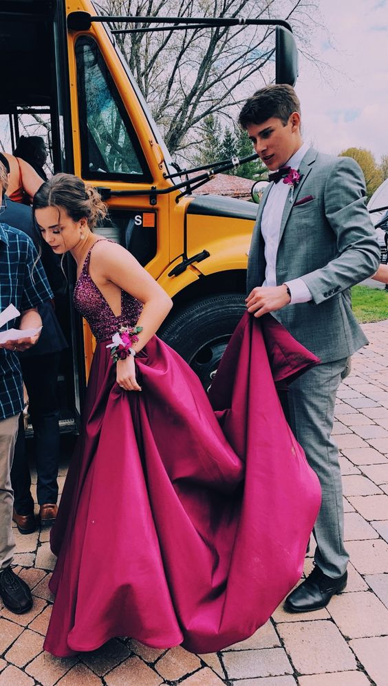A-Line V-Neck Satin Long Prom Dress Charming Evening Dress - FashionDia