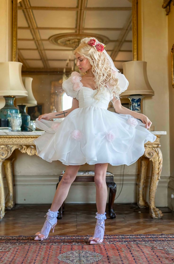 Classy White Tulle Rose Flowers A Line Short Homecoming Dress Formal 20th Birthday Outfits
