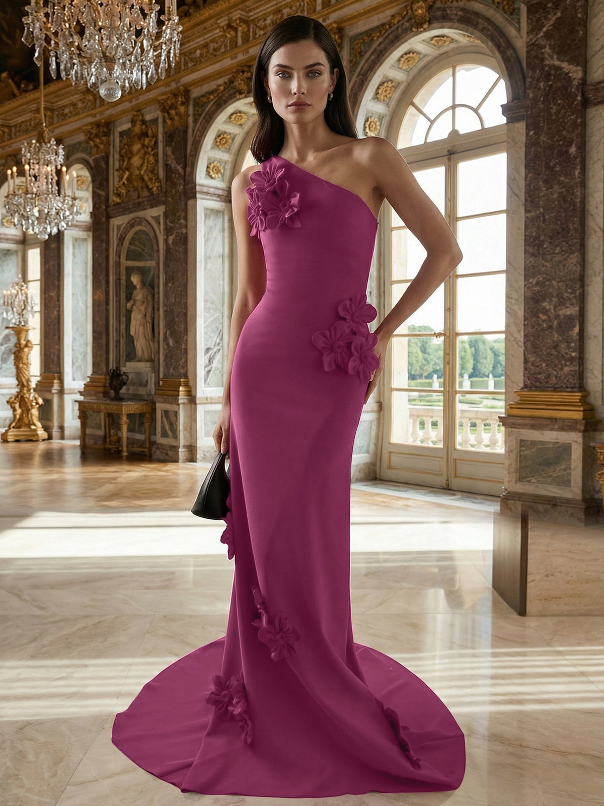 A-Line One-Shoulder Sleeveless Floor-Length Stretch Crepe Dress With 3D Flowers