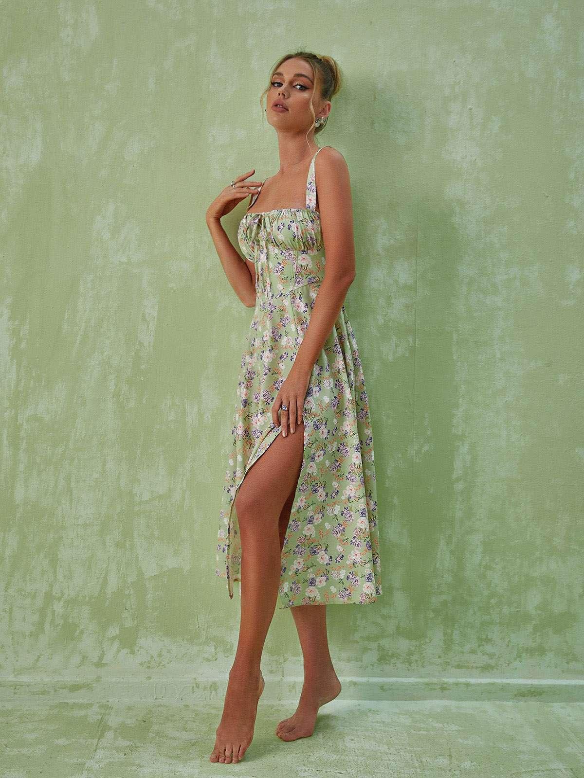 Maire Floral Split Midi Dress In Green