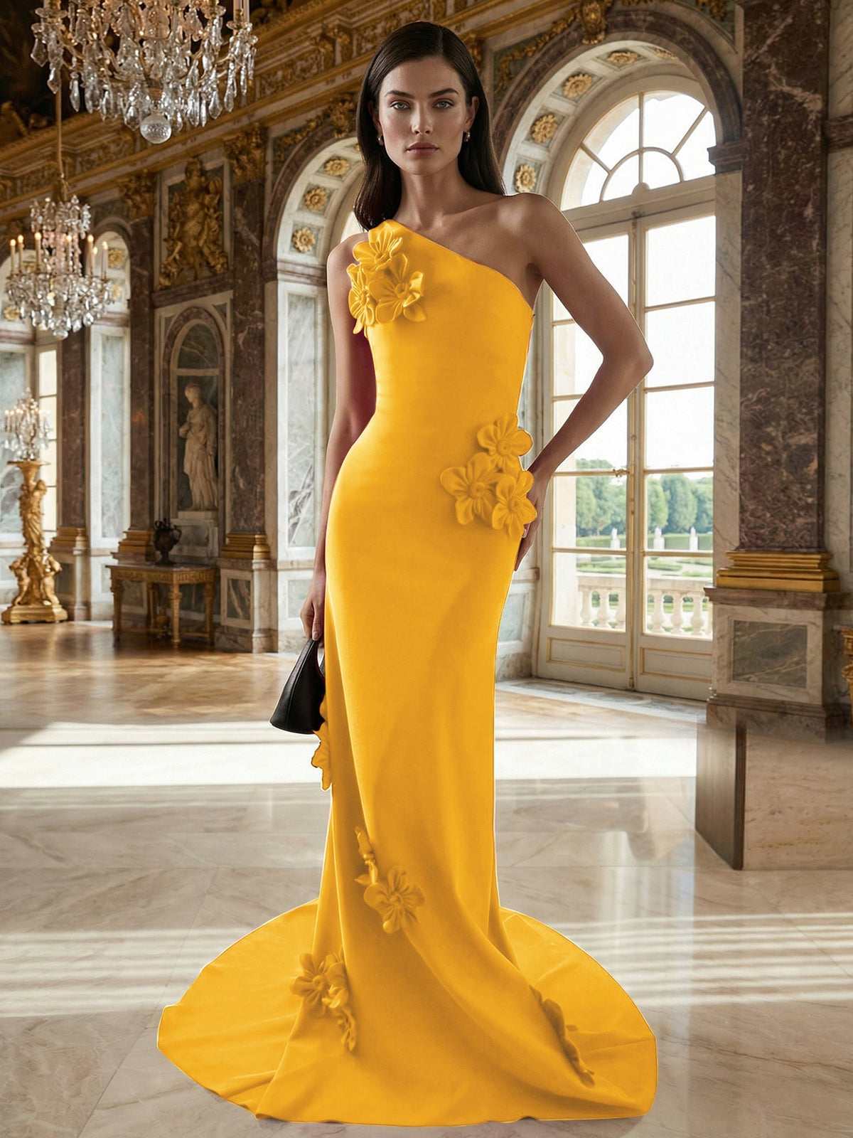 A-Line One-Shoulder Sleeveless Floor-Length Stretch Crepe Dress With 3D Flowers