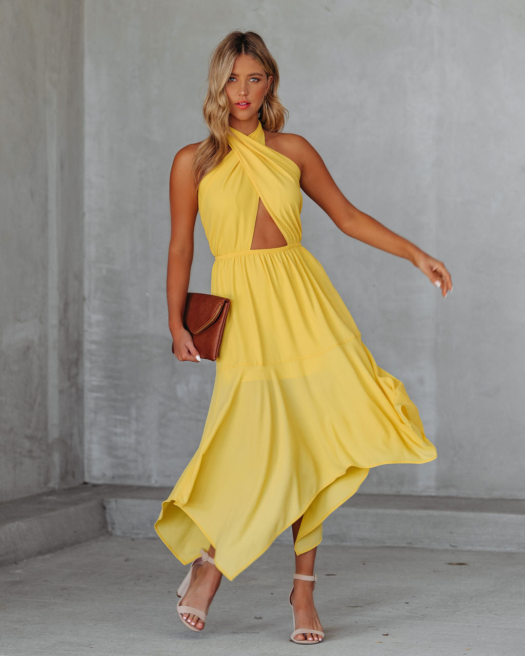 Marisol Halter Cutout Midi Dress Sunny Yellow