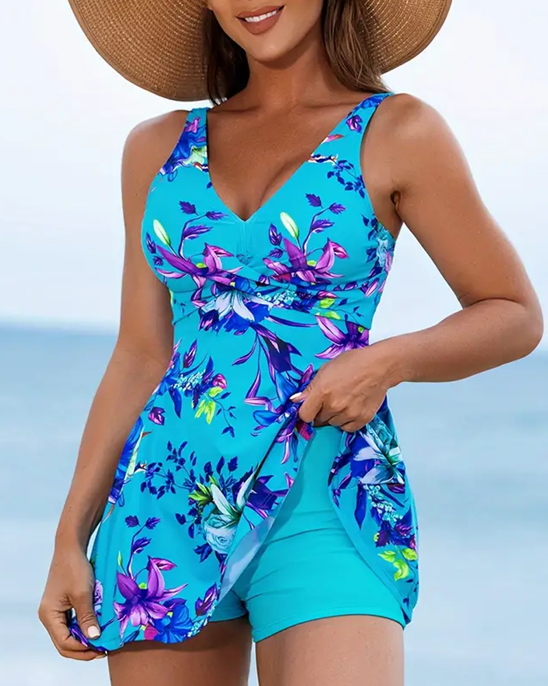 Angela Timeless Floral V Neck High Waisted Swim Dress Premium Wardrobe Essential