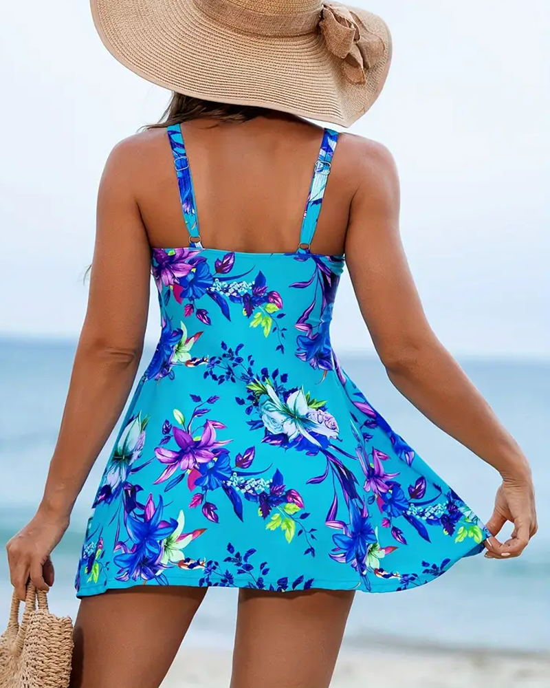 Angela Timeless Floral V Neck High Waisted Swim Dress Premium Wardrobe Essential