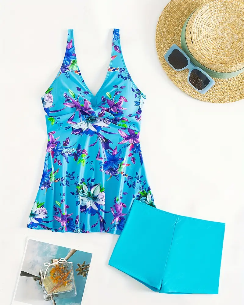 Angela Timeless Floral V Neck High Waisted Swim Dress Premium Wardrobe Essential