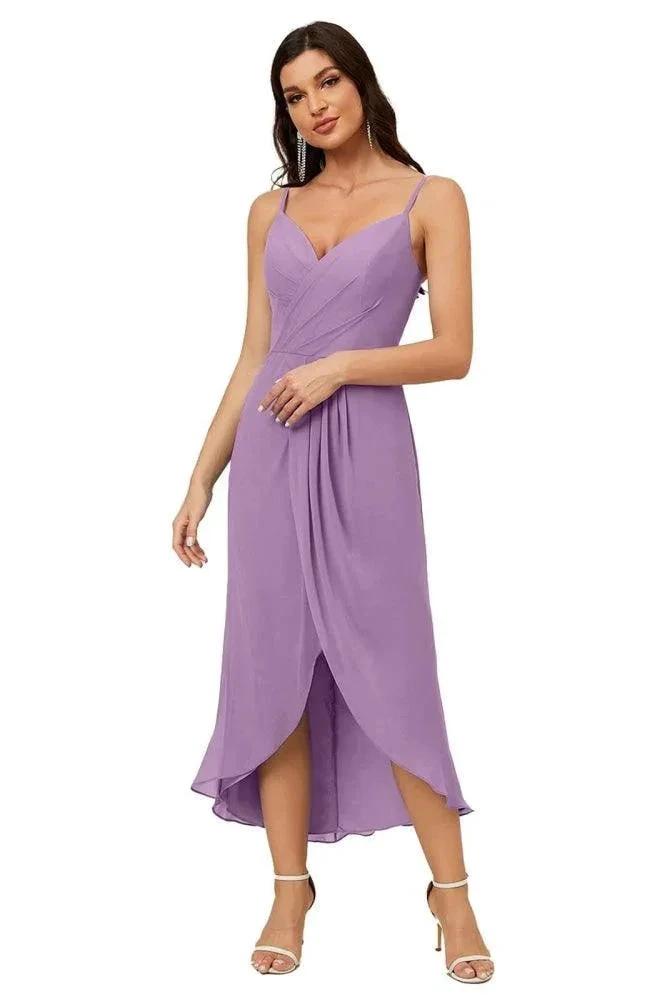 Numbersea Spaghetti Chiffon V Neck Bridesmaid Dress Mid-Length Slit Formal Prom Dress Homecoming Dress 2803 by numbersea