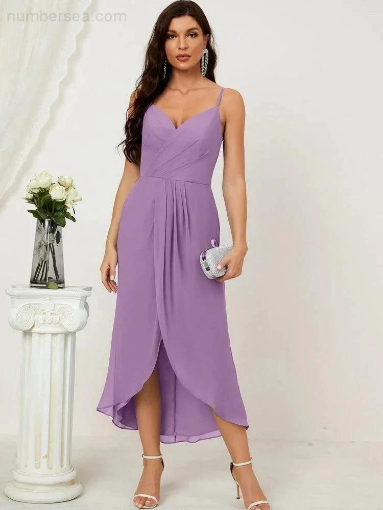 ZapDress Spaghetti Chiffon V Neck Bridesmaid Dress Mid-Length Slit Formal Prom Dress Homecoming Dress 2803 (ZD16952)