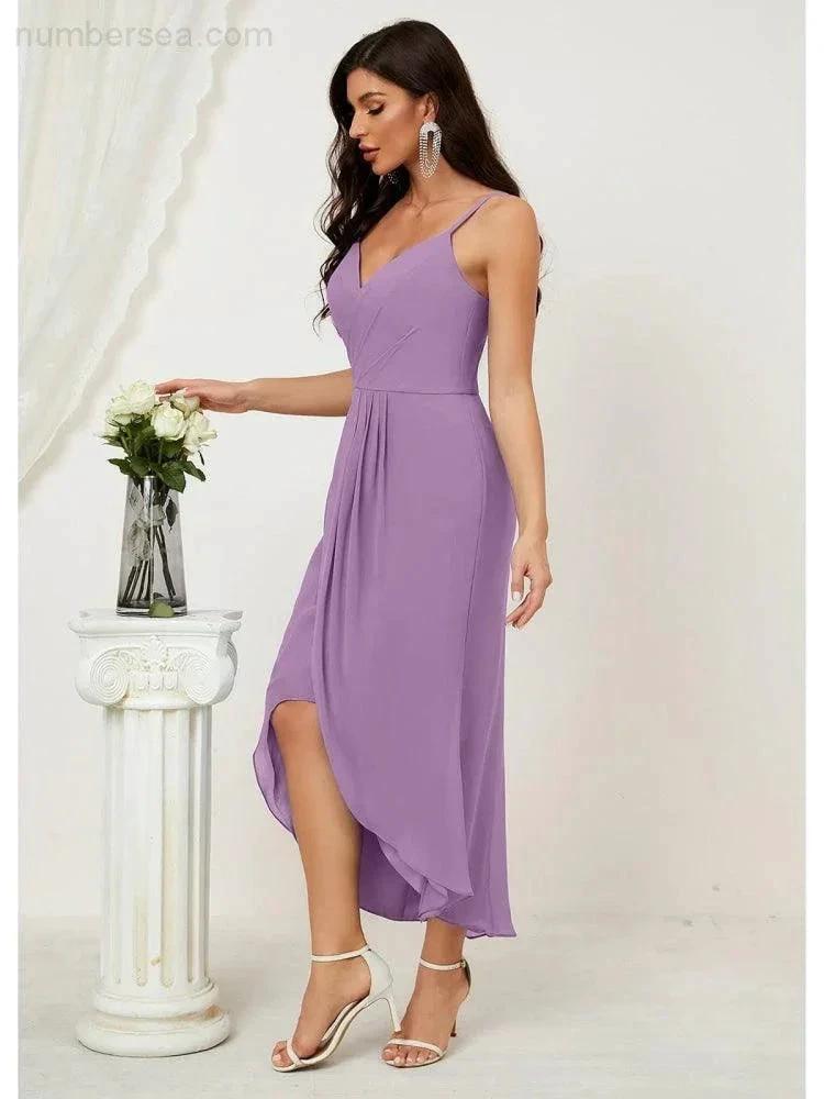 ZapDress Spaghetti Chiffon V Neck Bridesmaid Dress Mid-Length Slit Formal Prom Dress Homecoming Dress 2803 (ZD16952)