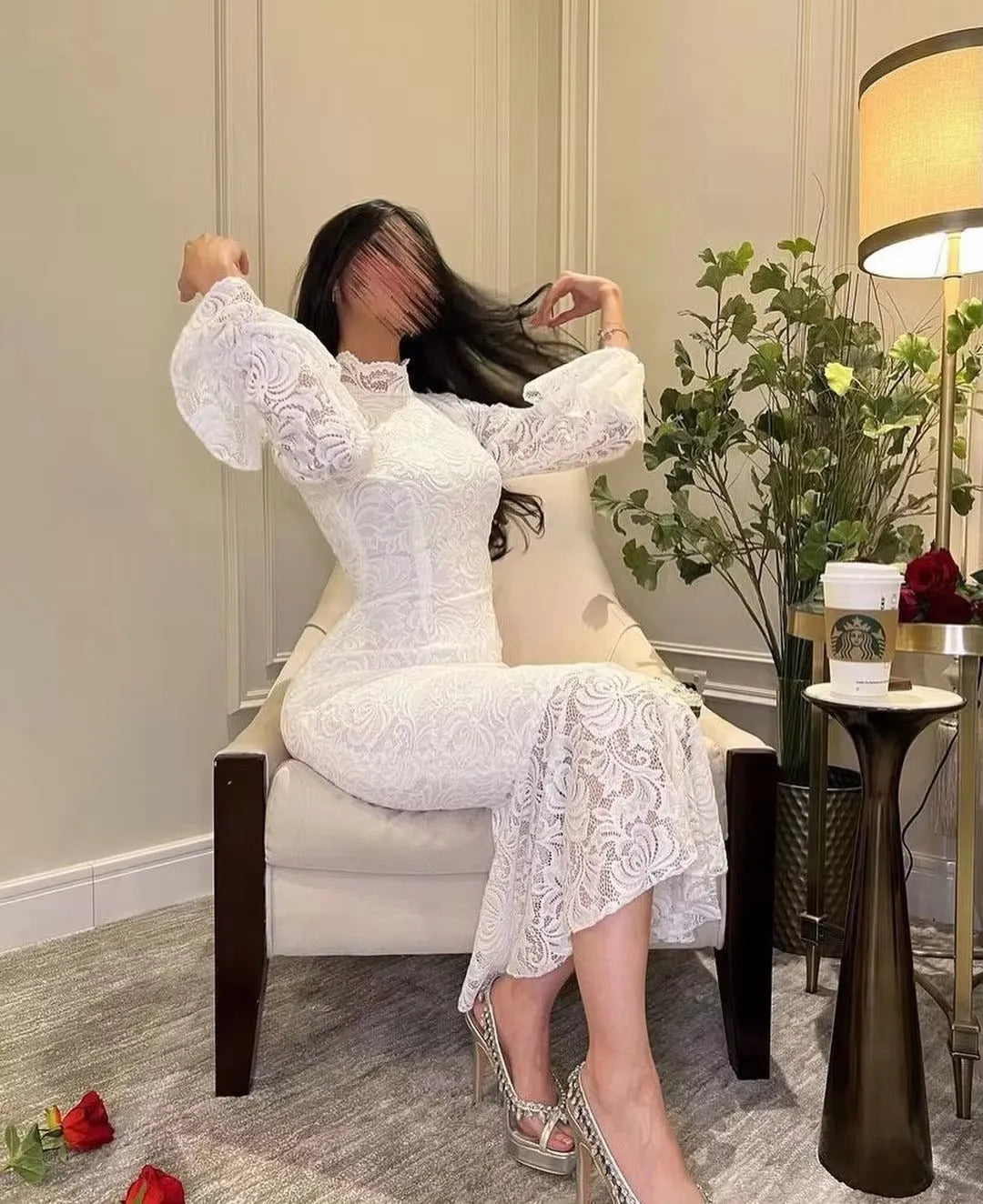 White Mermaid Lace Evening Dresses Saudi Arabic Long Sleeves Tea-Length Midi Formal Prom Gowns Party Women Outfits