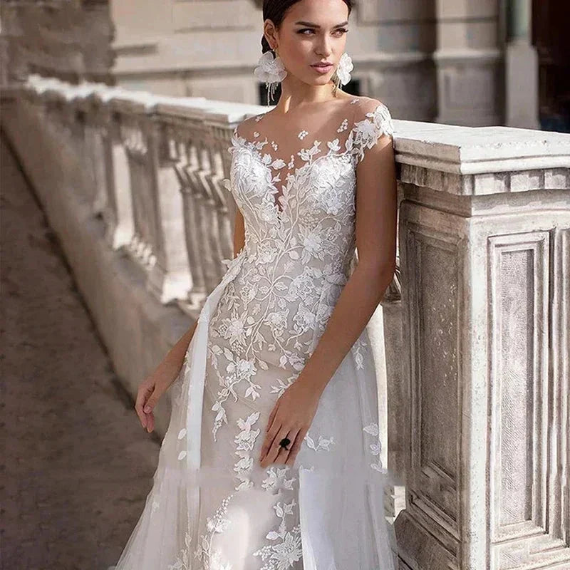 Mermaid 2 In 1 Wedding Dress Tulle Scoop Cap Sleeves Backless Lace Appliques Bridal Gowns With Detachable Train (ZD13535)
