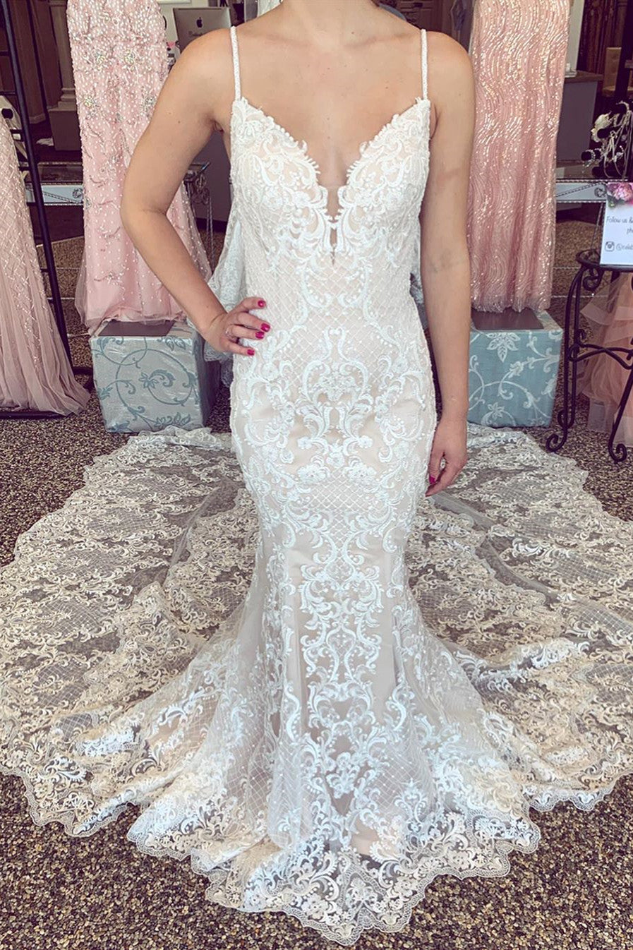Mermaid Amazing Spaghetti-Straps V-neck Beach Wedding Dresses