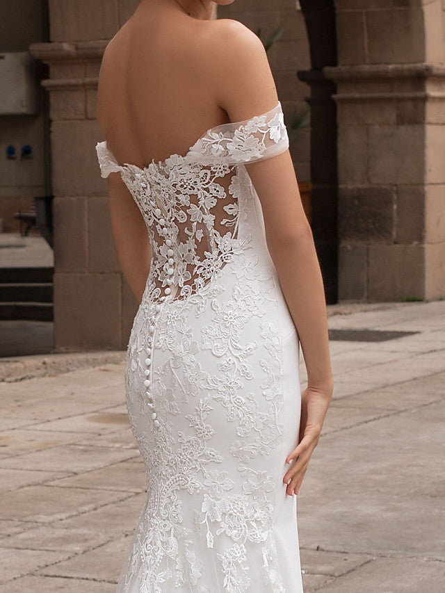 Mermaid Beach Wedding Dresses Off Shoulder Short Sleeve Bridal Gowns Simple Plus Size Court Train