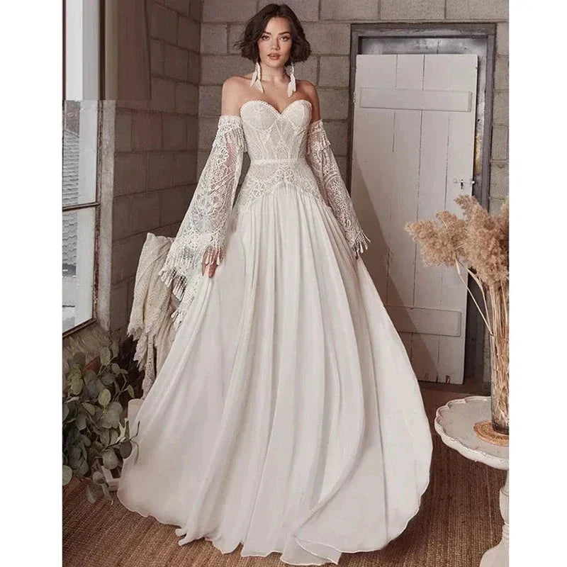 Mermaid Bohemian Wedding Dresses Women's Lace Flare Sleeve Elegant Sweetheart Strapless Chiffon Bridal Gowns A-Line Robe Vestido by payinti
