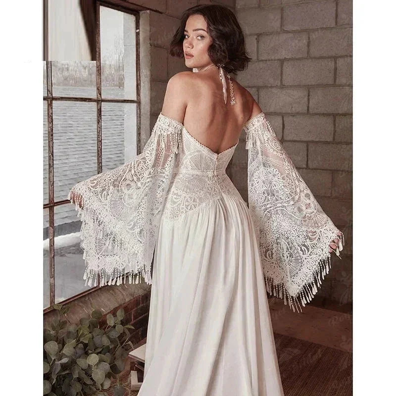 Mermaid Bohemian Wedding Dresses Women's Lace Flare Sleeve Elegant Sweetheart Strapless Chiffon Bridal Gowns A-Line Robe Vestido (ZD14182)