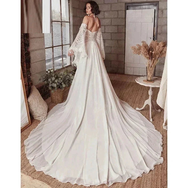 Mermaid Bohemian Wedding Dresses Women's Lace Flare Sleeve Elegant Sweetheart Strapless Chiffon Bridal Gowns A-Line Robe Vestido (ZD14182)