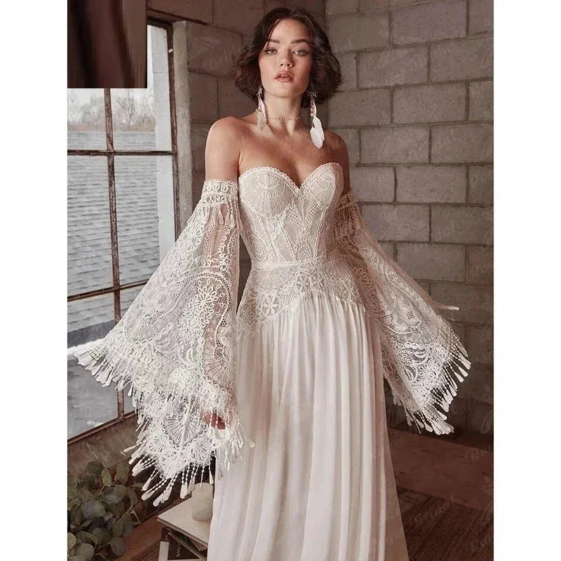 Mermaid Bohemian Wedding Dresses Women's Lace Flare Sleeve Elegant Sweetheart Strapless Chiffon Bridal Gowns A-Line Robe Vestido (ZD14182)