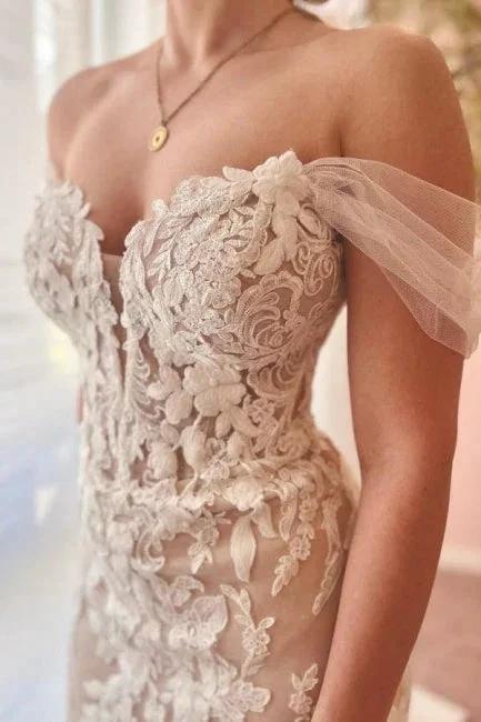 Mermaid Fabulous Tulle Sweetheart Off-The-Shoulder Floor-Length Wedding Dresses with Appliques (ZD15751)
