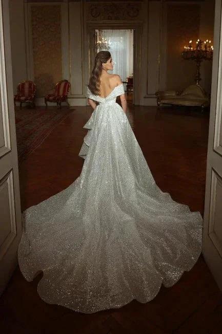 Mermaid Floor-Length Off-The-Shoulder V-Neck Sleeveless A-Line Sequins Wedding Dresses with Ruffles (ZD16491)