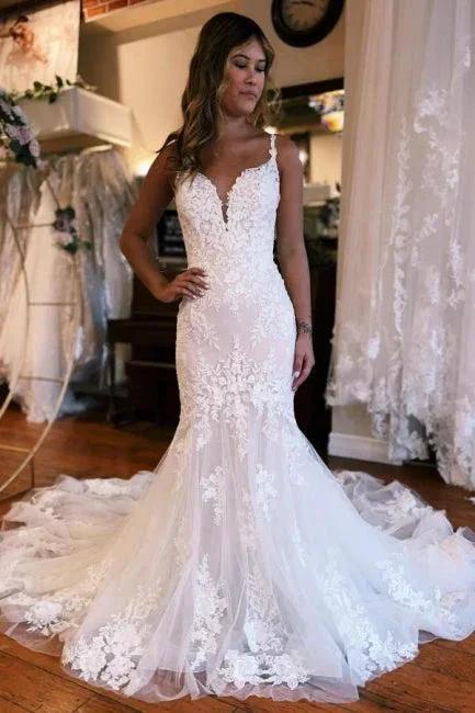 Mermaid Floor-Length Spaghetti Straps Sweetheart Tulle Wedding Dresses with Appliques (ZD15755)