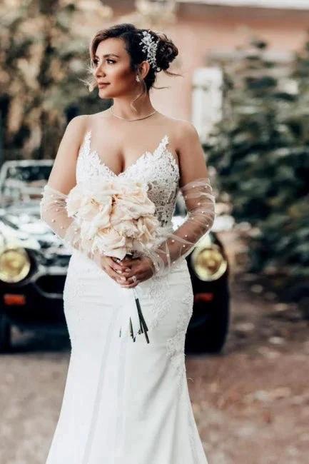 Mermaid Floor-Length Sweetheart Appliques Stain Spaghetti Straps Sleeveless Wedding Dresses with Lace (ZD15739)