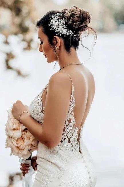 Mermaid Floor-Length Sweetheart Appliques Stain Spaghetti Straps Sleeveless Wedding Dresses with Lace (ZD15739)