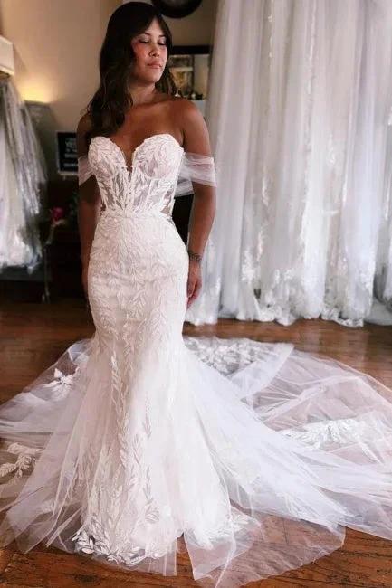 Mermaid Floor-Length Sweetheart Strapless Off-The-Shoulder Wedding Dresses with Appliques (ZD15749)