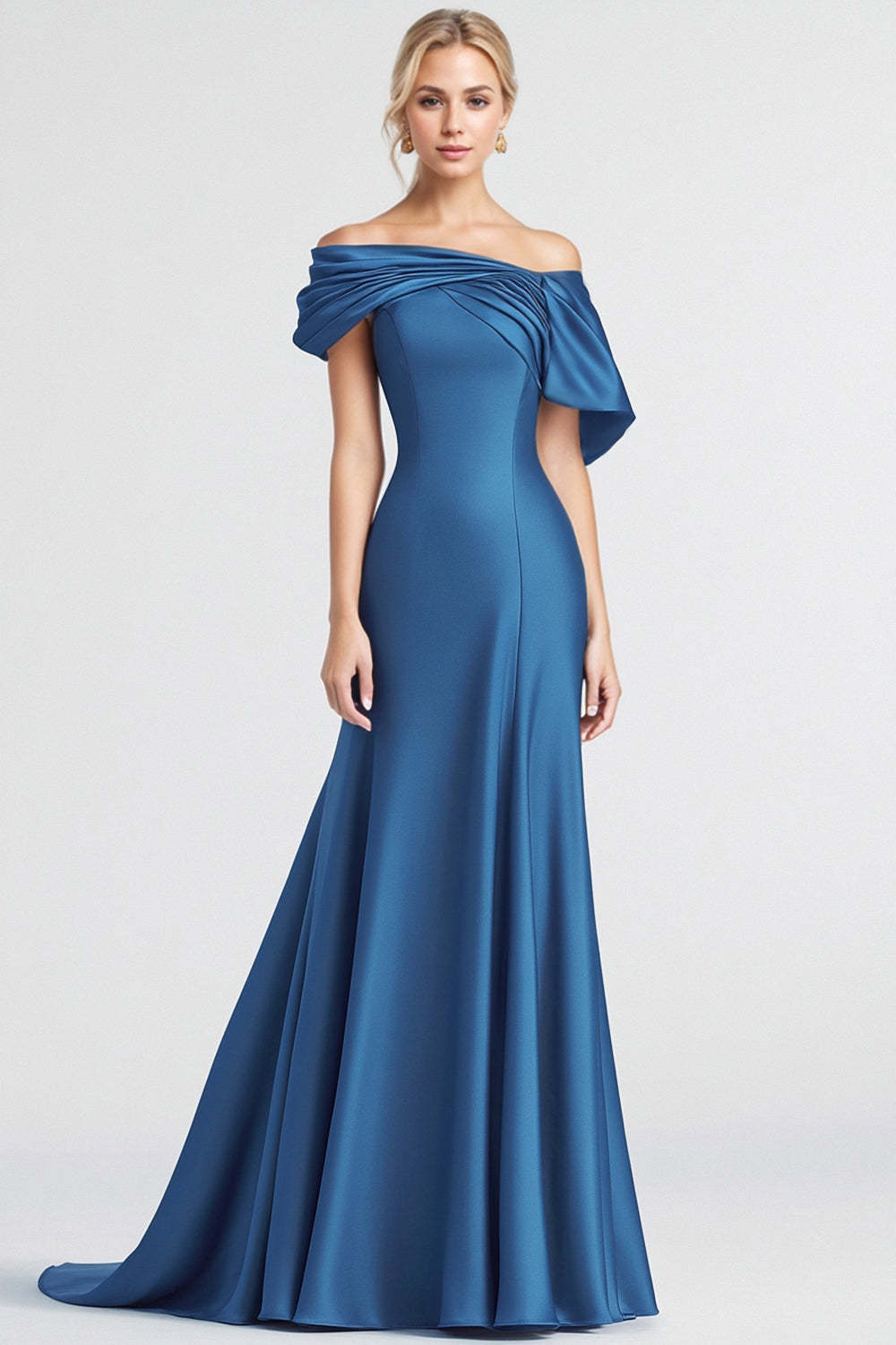 Mermaid Long Blue Wedding Guest Dress Off The Shoulder Sheath Satin Formal Dress