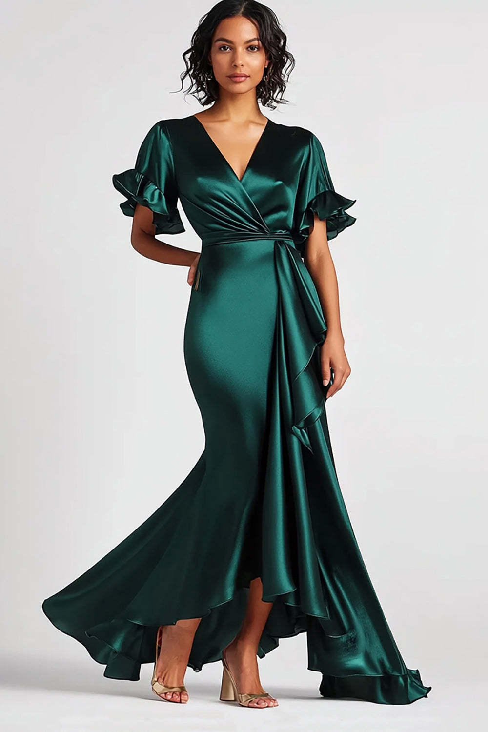 Mermaid Long Dark Green Wedding Guest Dress Satin Formal Dress With Short Sleeves