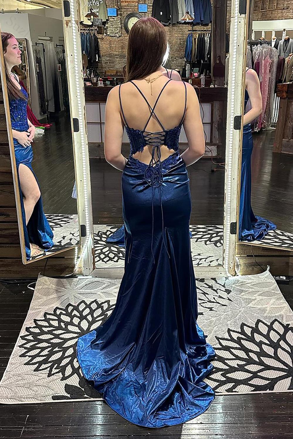 Mermaid Navy Prom Dress Corset Long Lace Formal Dress With Slit