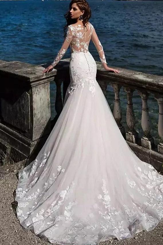 Mermaid Wedding Dress Bateau Lace Tulle Lace Over Satin Long Sleeves Bridal Gowns Sexy See-Through Backless with Court Train