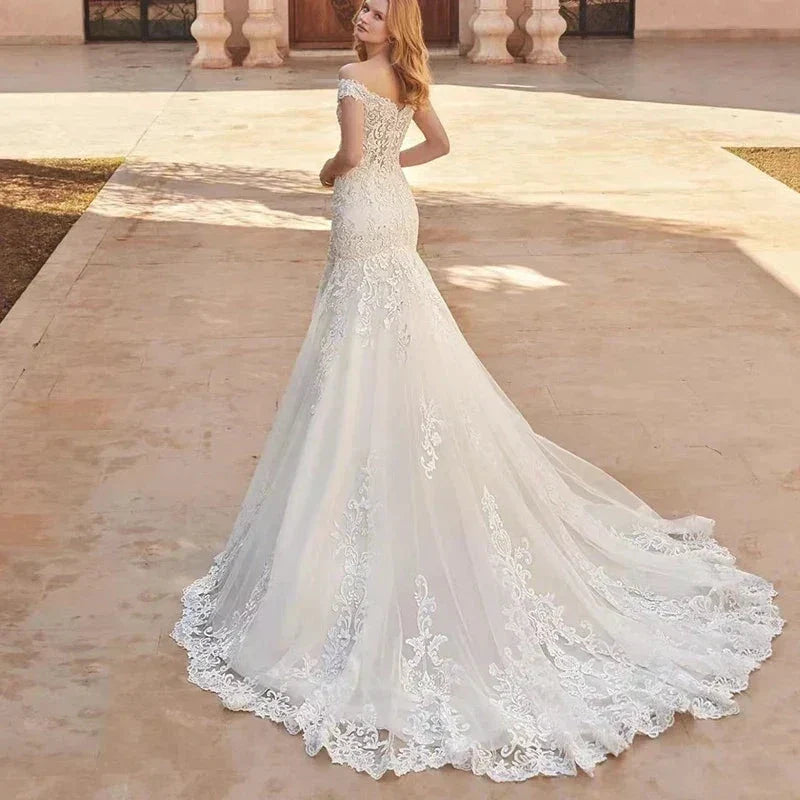 Mermaid Wedding Dress Off The Shoulder Vintage With Lace Embroidery Vestido De Noiva Sexy V-Neck Vestidos De Novia (ZD14063)