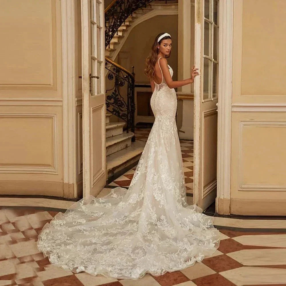 Mermaid Wedding Dresses 2023 Women's Sexy V-neck Lace Applique Spaghetti Shoulder Strap Vestido De Novia Bridal Gowns Backless (ZD14159)