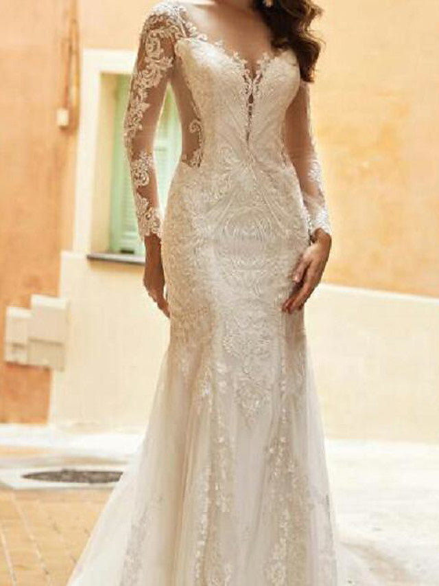 Mermaid Wedding Dresses V-Neck Tulle Polyester Long Sleeve Bridal Gowns Country Plus Size Sweep Train