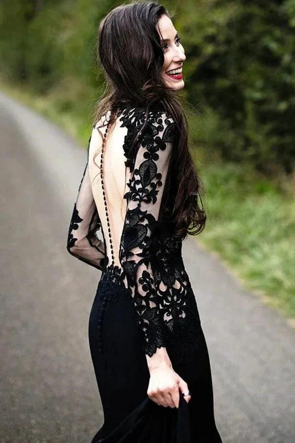 Mermaid Floral Black Wedding Dress Long Sleeve Wedding Gown (ZD16083)