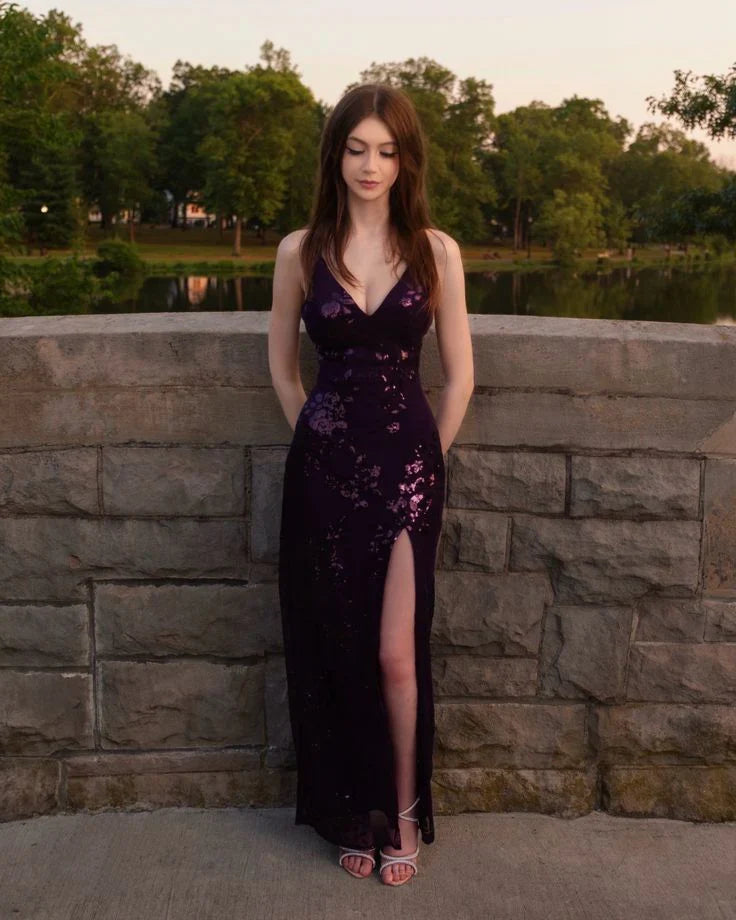 Mermaid Halter Grape Sequins Long Formal Dresses With Slit Evening Dress