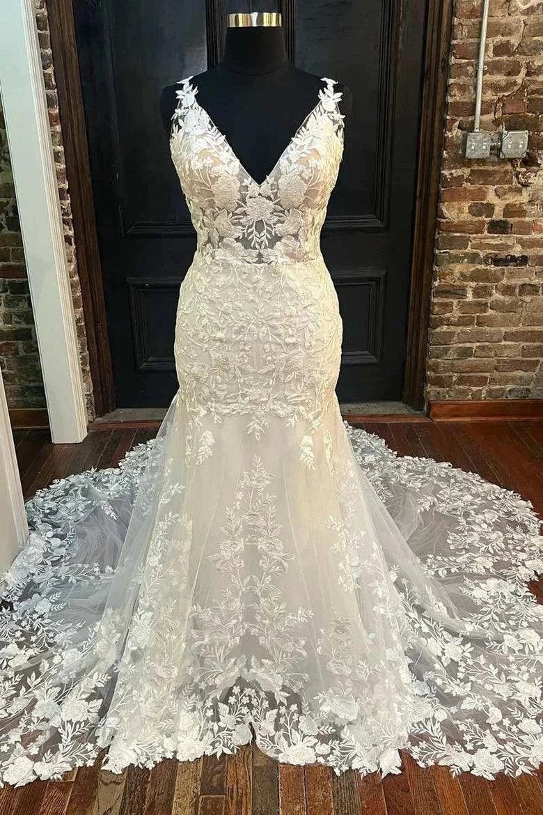 Mermaid Ivory Floral Lace V-Neck Long Wedding Dress Bridal Gown (ZD16189)