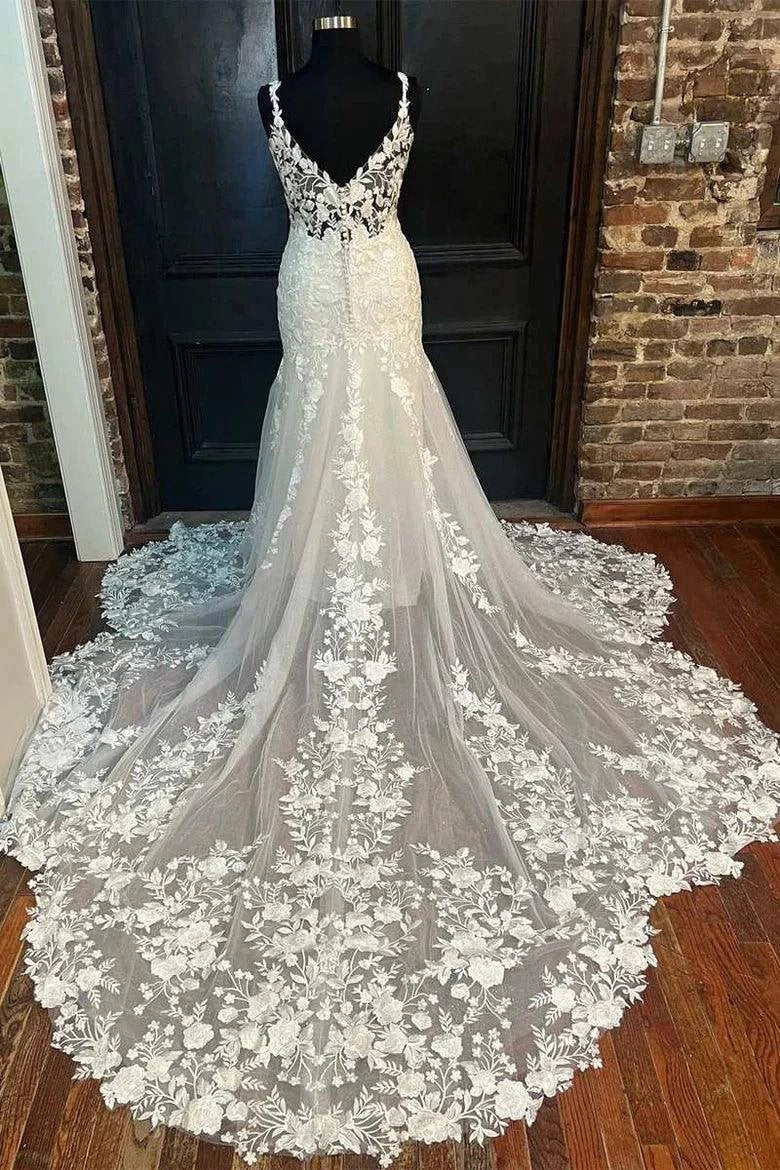 Mermaid Ivory Floral Lace V-Neck Long Wedding Dress Bridal Gown (ZD16189)