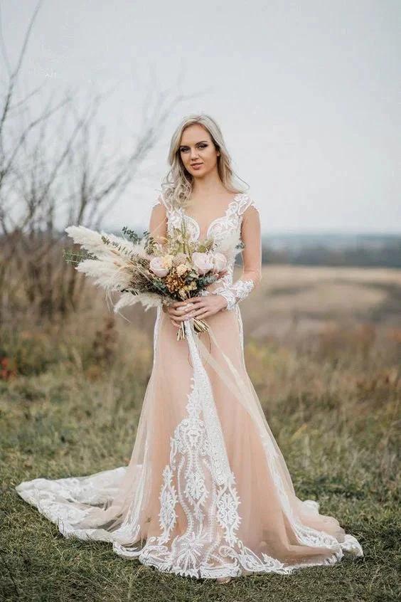 Mermaid Long Sleeves Bohemian Wedding Dresses With Appliques WD696 by pgmdress
