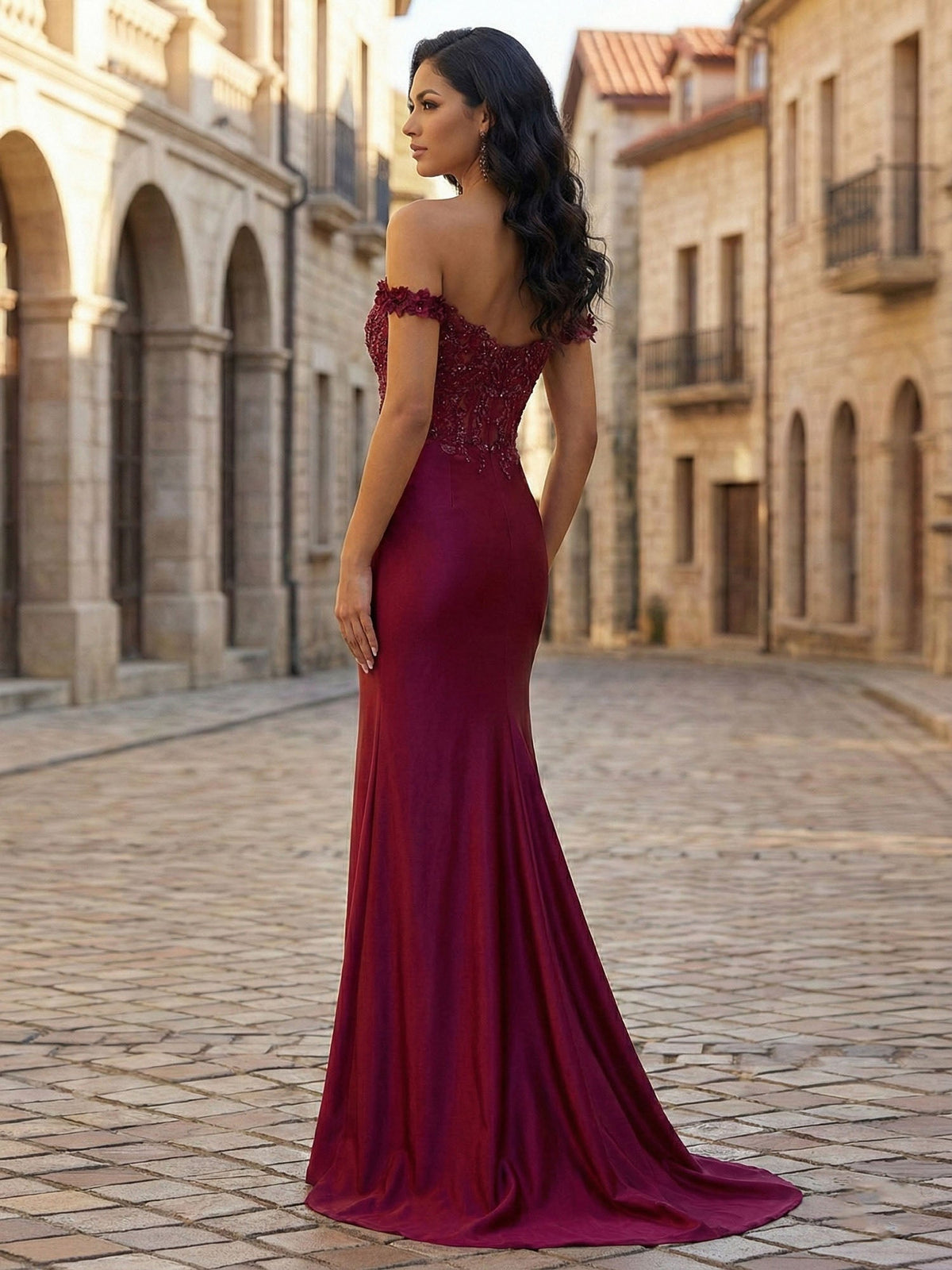 Mermaid Off-The-Shoulder Floral Corset Long Prom Dress with Slit - View 3 | FashionDia