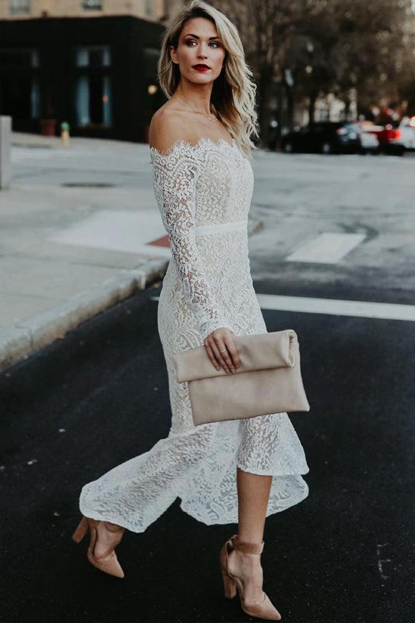 Mermaid Off-the-Shoulder High Low Lace Wedding Dress with Long Sleeves (ZD16371) - View 2 | VelvetHem