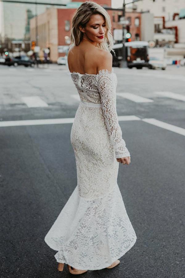 Mermaid Off-the-Shoulder High Low Lace Wedding Dress with Long Sleeves (ZD16371) - View 4 | VelvetHem